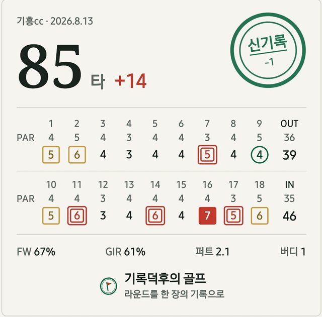 기록덕후의 골프로 만든 라운드 카드 — 기흥cc 85타 스코어카드